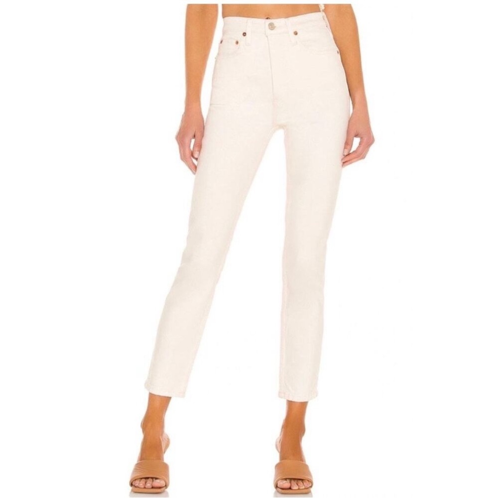 Re/Done Original High Rise white ankle crop stretch jeans raw hem button fly 30